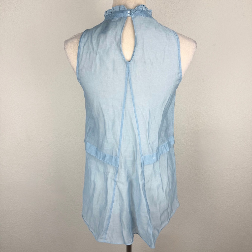 BCBGMAXAZRIA Light Blue Ruffle High Neck Sleeveless Sheer Tuxedo Top Size XS - Picture 4 of 10